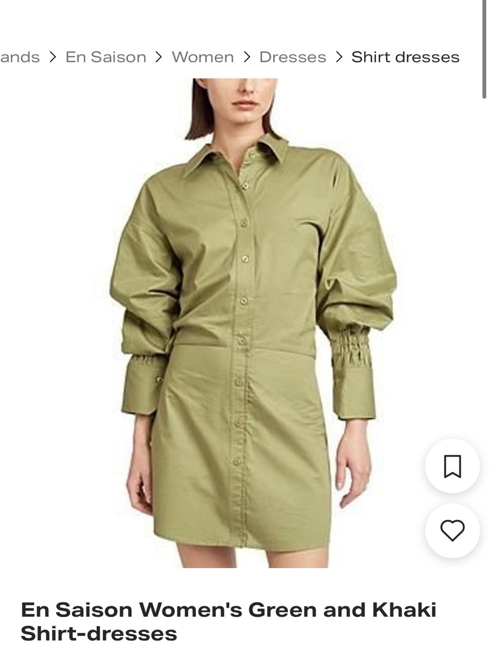 En Saison Khaki Green Puff-Sleeve Shirt Dress
